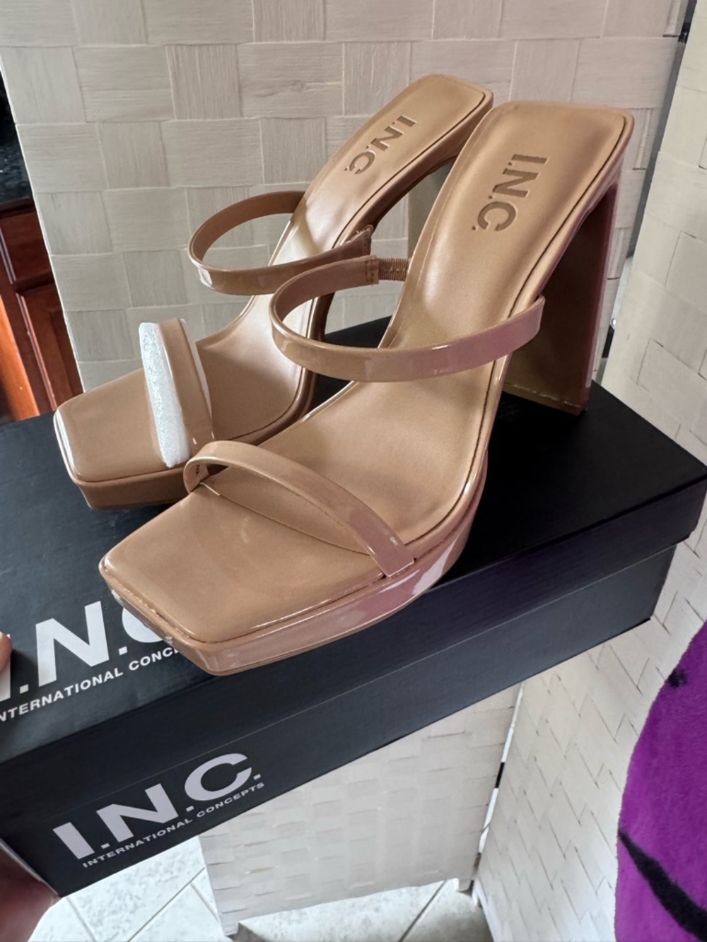 INC International Concepts Patent Nude Block Heel Sandals